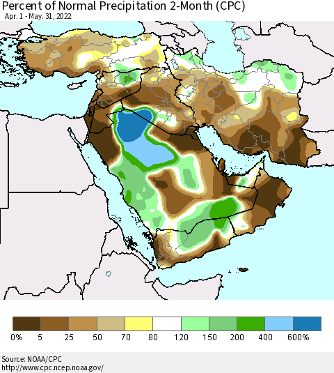 Middle East and Turkey Percent of Normal Precipitation 2-Month (CPC) Thematic Map For 4/1/2022 - 5/31/2022