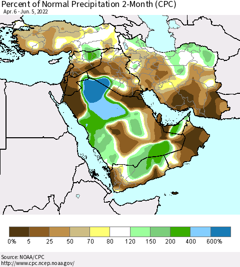 Middle East and Turkey Percent of Normal Precipitation 2-Month (CPC) Thematic Map For 4/6/2022 - 6/5/2022