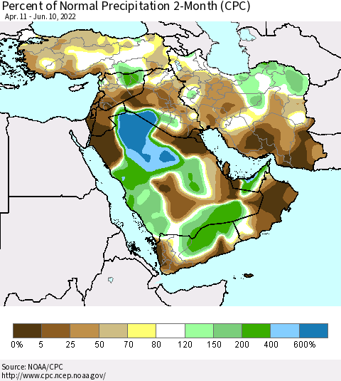 Middle East and Turkey Percent of Normal Precipitation 2-Month (CPC) Thematic Map For 4/11/2022 - 6/10/2022