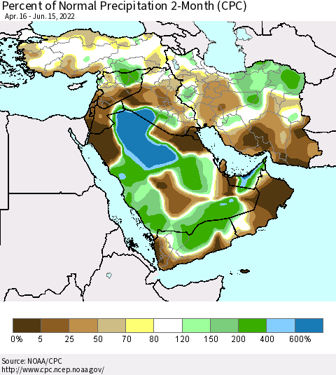 Middle East and Turkey Percent of Normal Precipitation 2-Month (CPC) Thematic Map For 4/16/2022 - 6/15/2022