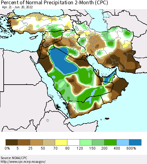 Middle East and Turkey Percent of Normal Precipitation 2-Month (CPC) Thematic Map For 4/21/2022 - 6/20/2022