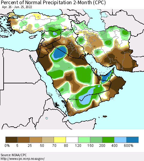 Middle East and Turkey Percent of Normal Precipitation 2-Month (CPC) Thematic Map For 4/26/2022 - 6/25/2022