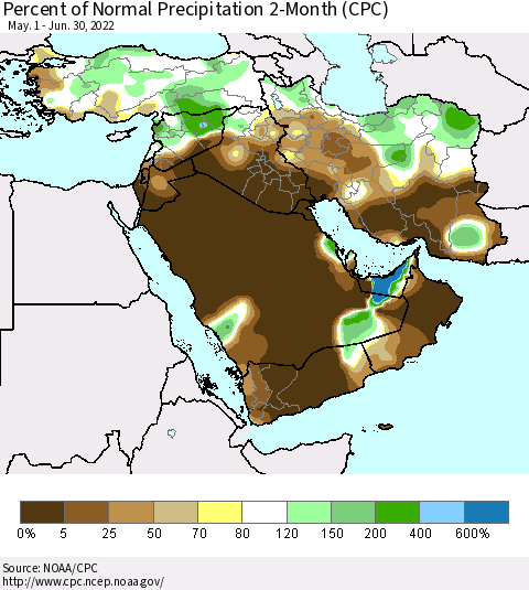 Middle East and Turkey Percent of Normal Precipitation 2-Month (CPC) Thematic Map For 5/1/2022 - 6/30/2022