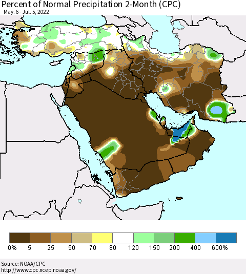 Middle East and Turkey Percent of Normal Precipitation 2-Month (CPC) Thematic Map For 5/6/2022 - 7/5/2022