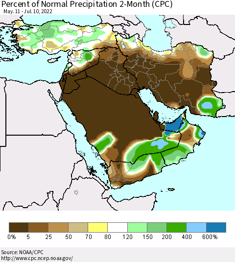 Middle East and Turkey Percent of Normal Precipitation 2-Month (CPC) Thematic Map For 5/11/2022 - 7/10/2022