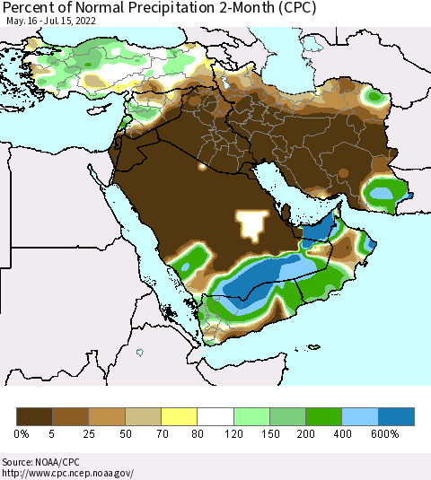 Middle East and Turkey Percent of Normal Precipitation 2-Month (CPC) Thematic Map For 5/16/2022 - 7/15/2022