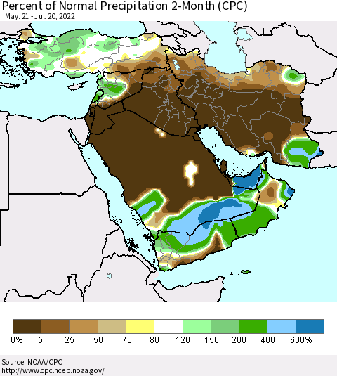 Middle East and Turkey Percent of Normal Precipitation 2-Month (CPC) Thematic Map For 5/21/2022 - 7/20/2022