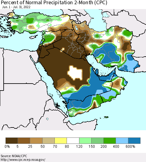 Middle East and Turkey Percent of Normal Precipitation 2-Month (CPC) Thematic Map For 6/1/2022 - 7/31/2022