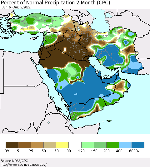 Middle East and Turkey Percent of Normal Precipitation 2-Month (CPC) Thematic Map For 6/6/2022 - 8/5/2022