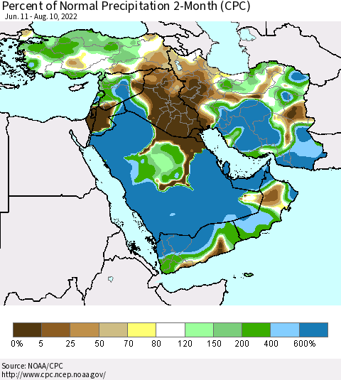 Middle East and Turkey Percent of Normal Precipitation 2-Month (CPC) Thematic Map For 6/11/2022 - 8/10/2022