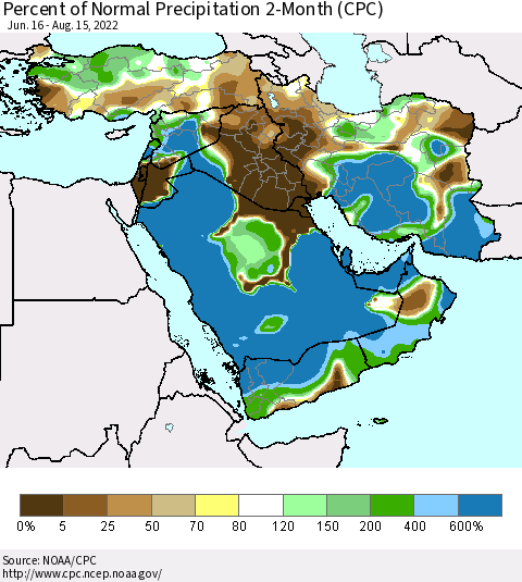 Middle East and Turkey Percent of Normal Precipitation 2-Month (CPC) Thematic Map For 6/16/2022 - 8/15/2022