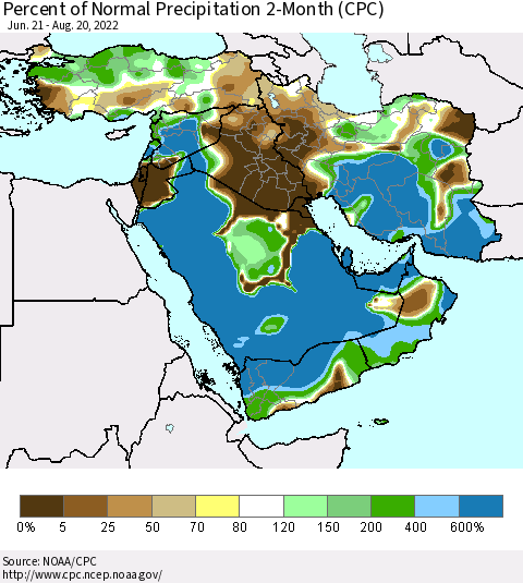 Middle East and Turkey Percent of Normal Precipitation 2-Month (CPC) Thematic Map For 6/21/2022 - 8/20/2022