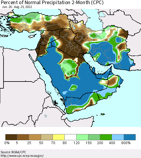 Middle East and Turkey Percent of Normal Precipitation 2-Month (CPC) Thematic Map For 6/26/2022 - 8/25/2022