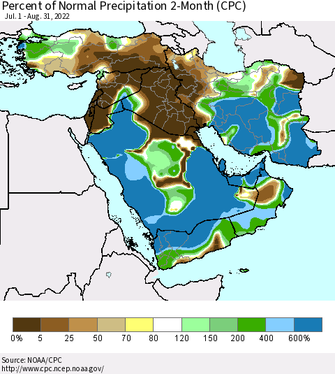 Middle East and Turkey Percent of Normal Precipitation 2-Month (CPC) Thematic Map For 7/1/2022 - 8/31/2022