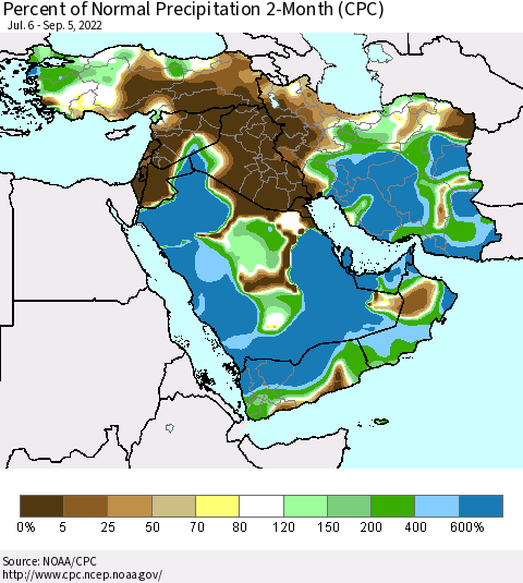 Middle East and Turkey Percent of Normal Precipitation 2-Month (CPC) Thematic Map For 7/6/2022 - 9/5/2022