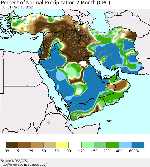 Middle East and Turkey Percent of Normal Precipitation 2-Month (CPC) Thematic Map For 7/11/2022 - 9/10/2022