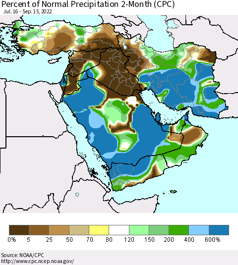Middle East and Turkey Percent of Normal Precipitation 2-Month (CPC) Thematic Map For 7/16/2022 - 9/15/2022