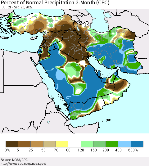 Middle East and Turkey Percent of Normal Precipitation 2-Month (CPC) Thematic Map For 7/21/2022 - 9/20/2022
