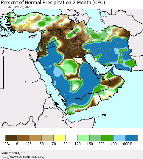 Middle East and Turkey Percent of Normal Precipitation 2-Month (CPC) Thematic Map For 7/26/2022 - 9/25/2022