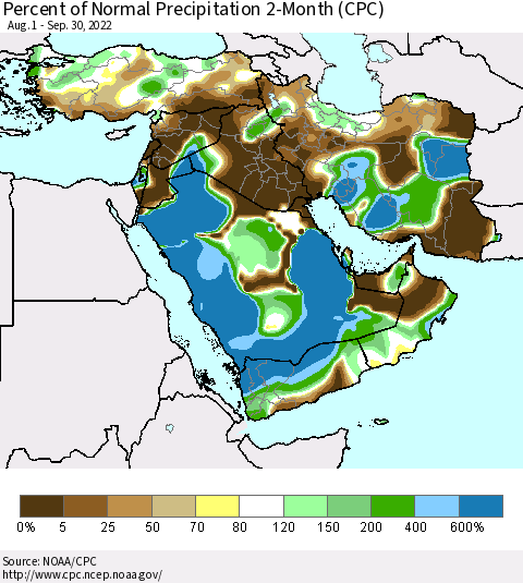 Middle East and Turkey Percent of Normal Precipitation 2-Month (CPC) Thematic Map For 8/1/2022 - 9/30/2022