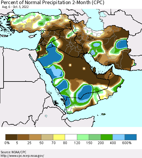 Middle East and Turkey Percent of Normal Precipitation 2-Month (CPC) Thematic Map For 8/6/2022 - 10/5/2022