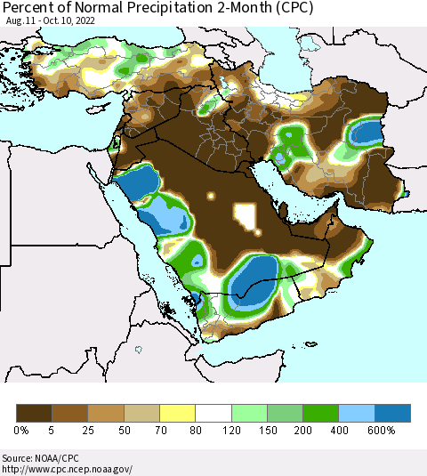 Middle East and Turkey Percent of Normal Precipitation 2-Month (CPC) Thematic Map For 8/11/2022 - 10/10/2022