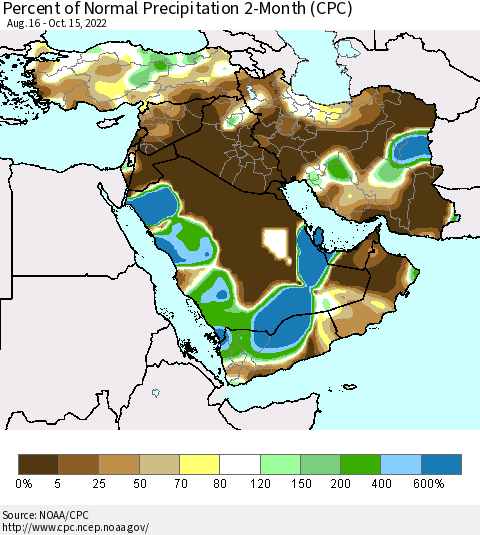 Middle East and Turkey Percent of Normal Precipitation 2-Month (CPC) Thematic Map For 8/16/2022 - 10/15/2022