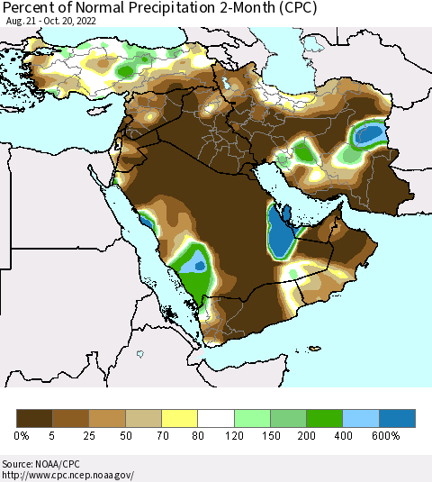 Middle East and Turkey Percent of Normal Precipitation 2-Month (CPC) Thematic Map For 8/21/2022 - 10/20/2022