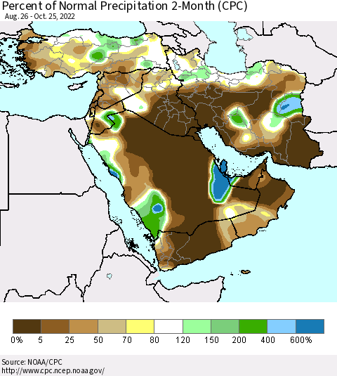Middle East and Turkey Percent of Normal Precipitation 2-Month (CPC) Thematic Map For 8/26/2022 - 10/25/2022