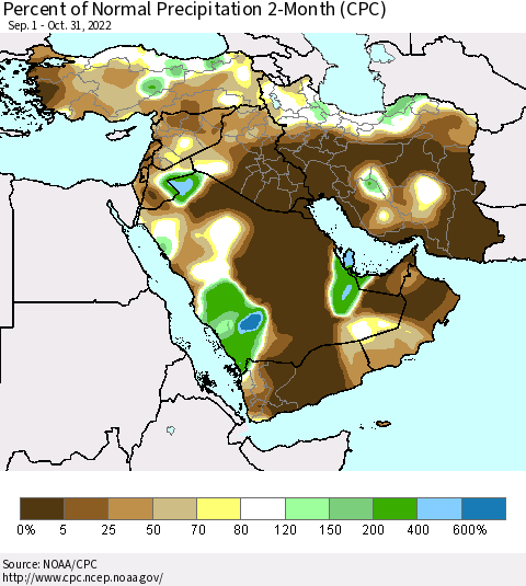 Middle East and Turkey Percent of Normal Precipitation 2-Month (CPC) Thematic Map For 9/1/2022 - 10/31/2022