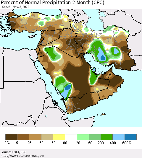 Middle East and Turkey Percent of Normal Precipitation 2-Month (CPC) Thematic Map For 9/6/2022 - 11/5/2022