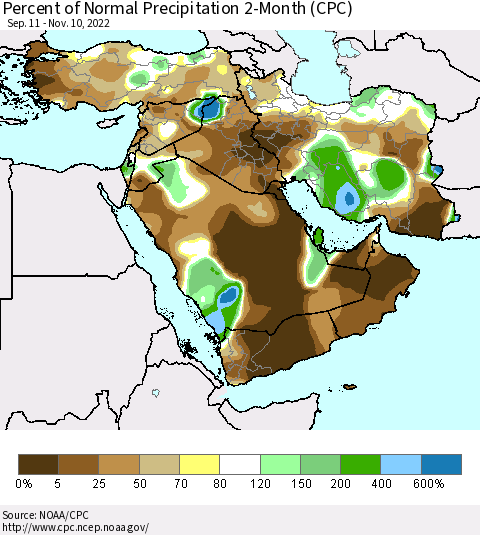 Middle East and Turkey Percent of Normal Precipitation 2-Month (CPC) Thematic Map For 9/11/2022 - 11/10/2022