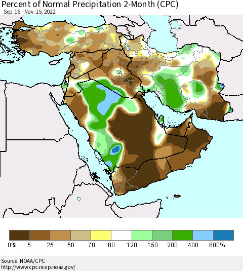 Middle East and Turkey Percent of Normal Precipitation 2-Month (CPC) Thematic Map For 9/16/2022 - 11/15/2022