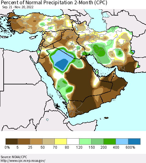 Middle East and Turkey Percent of Normal Precipitation 2-Month (CPC) Thematic Map For 9/21/2022 - 11/20/2022