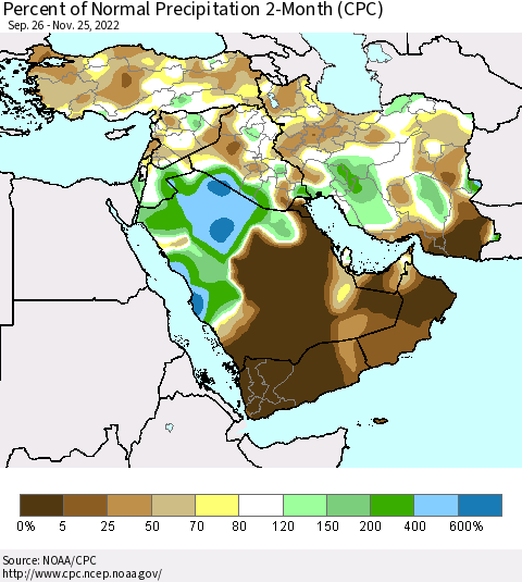 Middle East and Turkey Percent of Normal Precipitation 2-Month (CPC) Thematic Map For 9/26/2022 - 11/25/2022