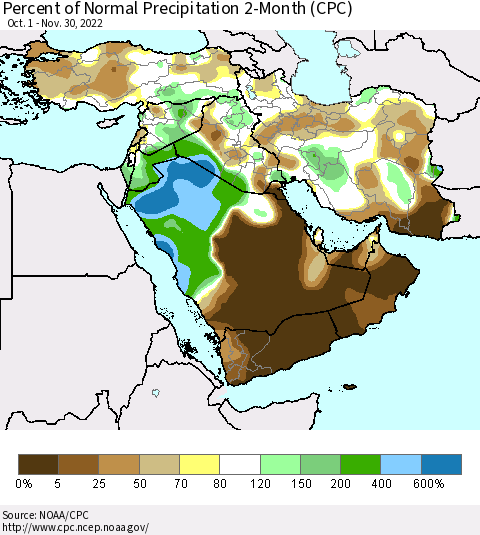 Middle East and Turkey Percent of Normal Precipitation 2-Month (CPC) Thematic Map For 10/1/2022 - 11/30/2022