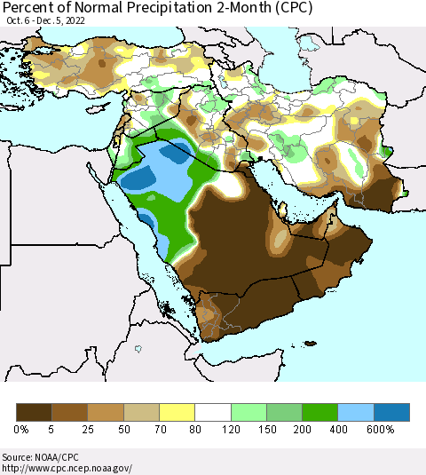Middle East and Turkey Percent of Normal Precipitation 2-Month (CPC) Thematic Map For 10/6/2022 - 12/5/2022
