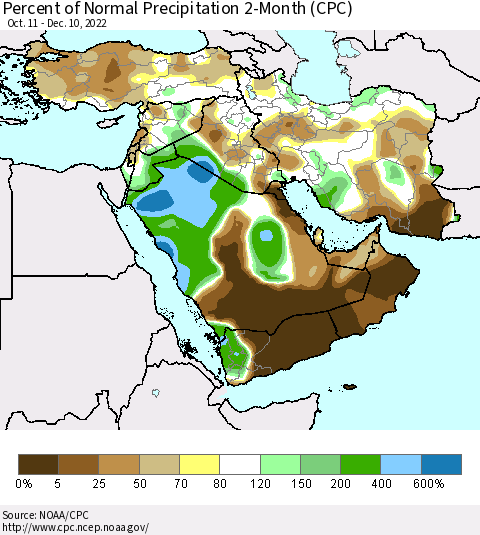 Middle East and Turkey Percent of Normal Precipitation 2-Month (CPC) Thematic Map For 10/11/2022 - 12/10/2022