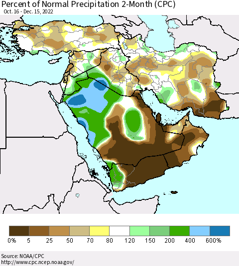 Middle East and Turkey Percent of Normal Precipitation 2-Month (CPC) Thematic Map For 10/16/2022 - 12/15/2022
