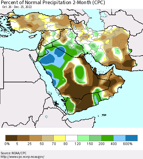Middle East and Turkey Percent of Normal Precipitation 2-Month (CPC) Thematic Map For 10/26/2022 - 12/25/2022