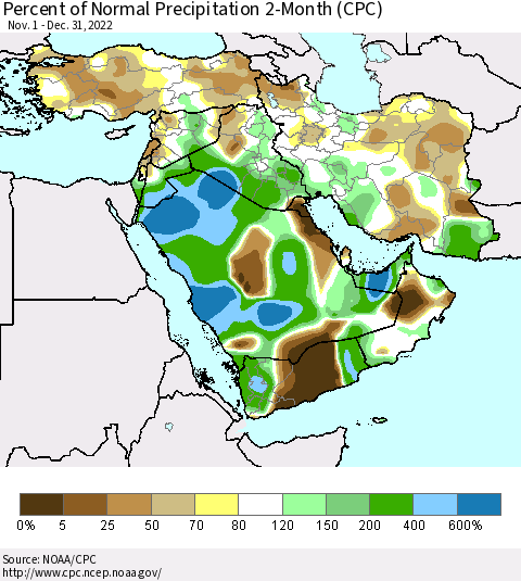 Middle East and Turkey Percent of Normal Precipitation 2-Month (CPC) Thematic Map For 11/1/2022 - 12/31/2022