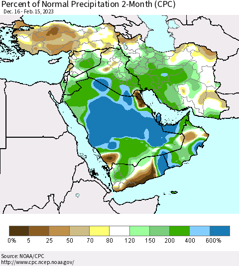 Middle East and Turkey Percent of Normal Precipitation 2-Month (CPC) Thematic Map For 12/16/2022 - 2/15/2023