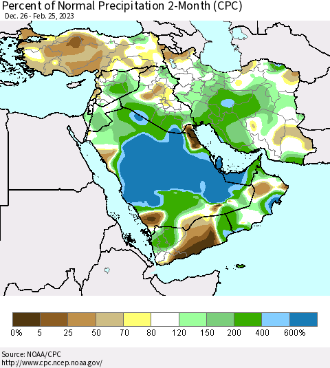 Middle East and Turkey Percent of Normal Precipitation 2-Month (CPC) Thematic Map For 12/26/2022 - 2/25/2023