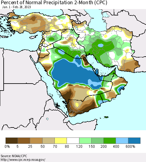 Middle East and Turkey Percent of Normal Precipitation 2-Month (CPC) Thematic Map For 1/1/2023 - 2/28/2023