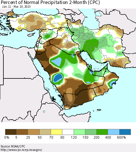 Middle East and Turkey Percent of Normal Precipitation 2-Month (CPC) Thematic Map For 1/11/2023 - 3/10/2023