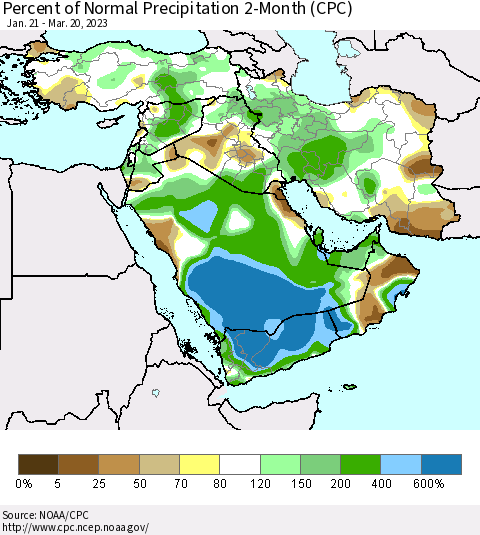 Middle East and Turkey Percent of Normal Precipitation 2-Month (CPC) Thematic Map For 1/21/2023 - 3/20/2023