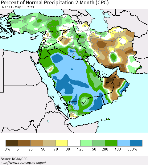 Middle East and Turkey Percent of Normal Precipitation 2-Month (CPC) Thematic Map For 3/11/2023 - 5/10/2023