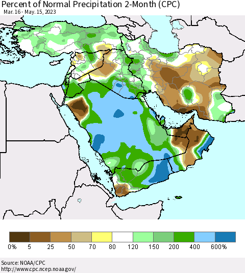 Middle East and Turkey Percent of Normal Precipitation 2-Month (CPC) Thematic Map For 3/16/2023 - 5/15/2023