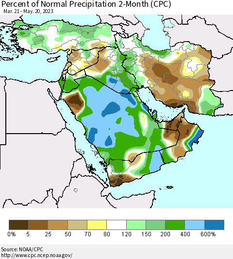 Middle East and Turkey Percent of Normal Precipitation 2-Month (CPC) Thematic Map For 3/21/2023 - 5/20/2023