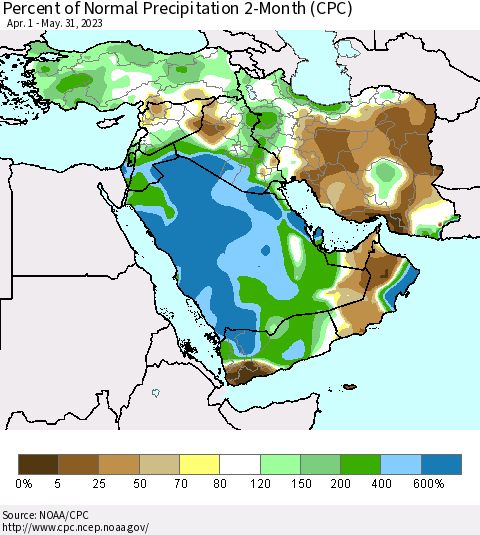 Middle East and Turkey Percent of Normal Precipitation 2-Month (CPC) Thematic Map For 4/1/2023 - 5/31/2023